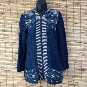 Royal Robbins Sweater Womens S Blue Fair Isle Zip Up Hooded Wool Blend Cardigan